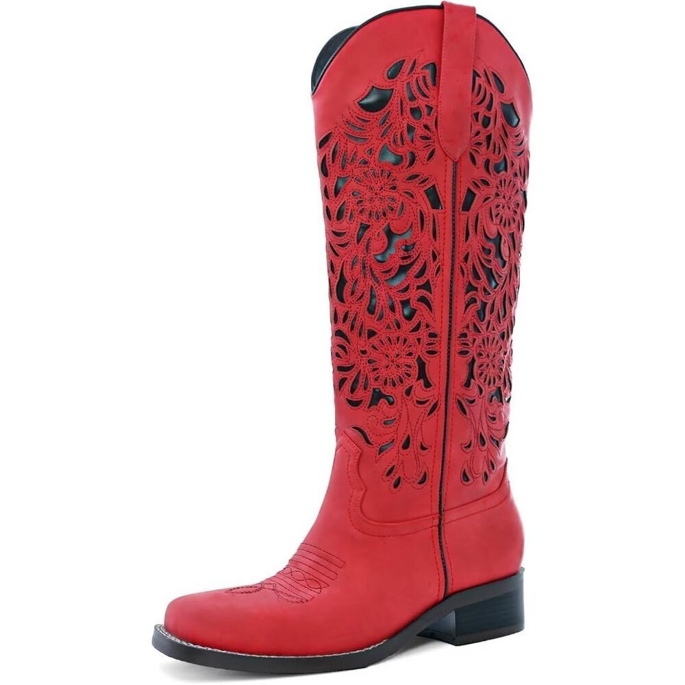 Women's Red Embroidered Cowgirl Comfortable Western Square Toe Tall Boots